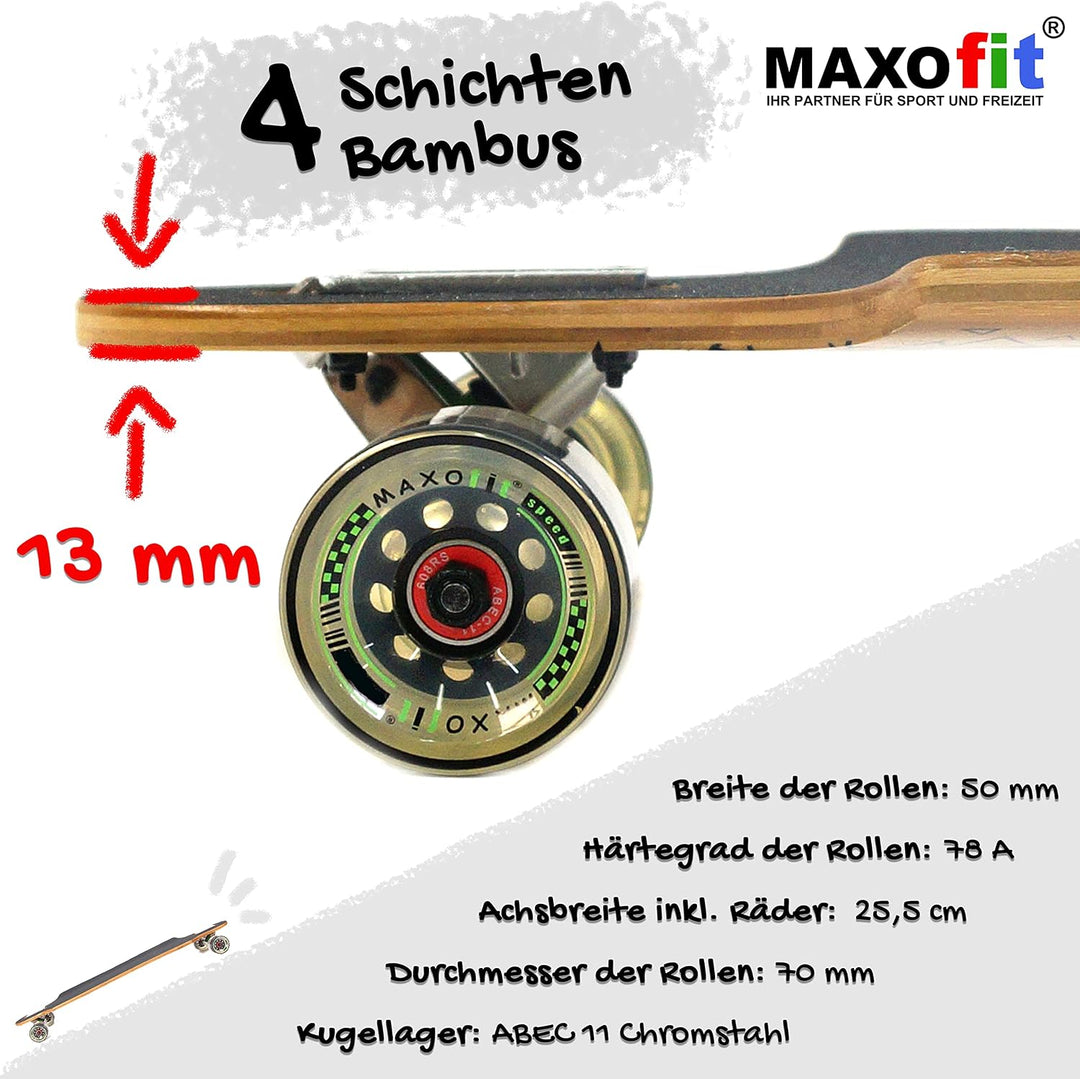 MAXOfit Longboard in verschiedenen Designs mit hochwertigen Ahorn/Bambus Decks für Anfänger und Fort
