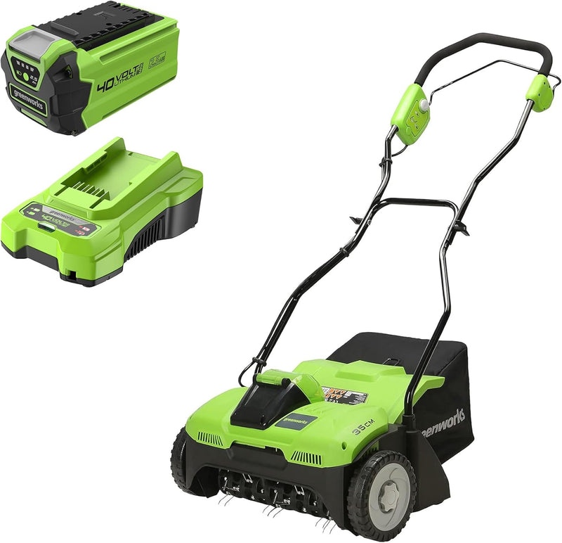 Greenworks Akku-Rasenlüfter G40DT35K25 (Li-Ion 40V 35cm Arbeitsbreite 3200 U/min 20 Stahlfedern mit