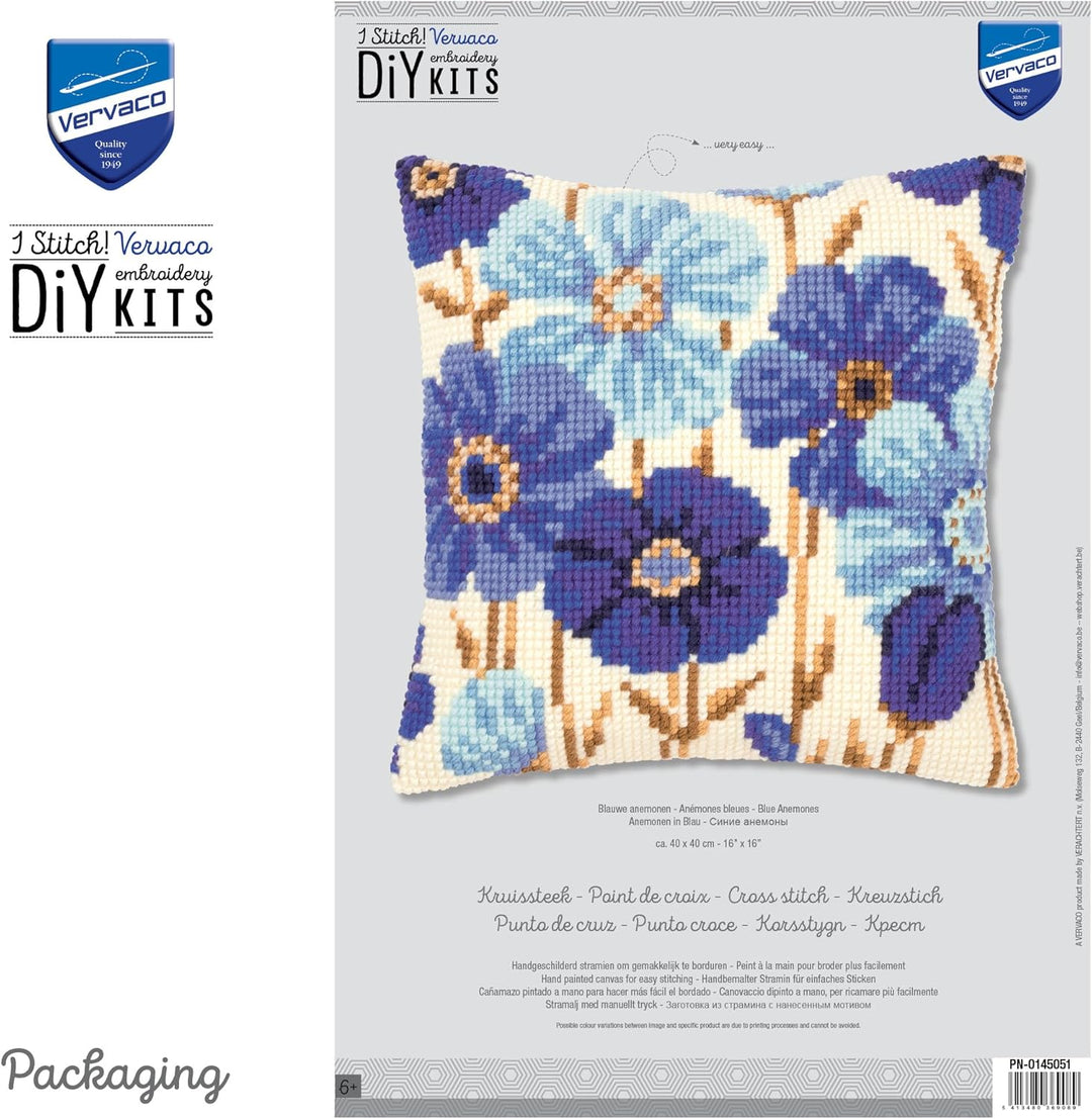 Vervaco VER Kreuzstichkissen Anemonen in Blau, Baumwolle, Mehrfarbig, 40 x 40 x 0.3 cm