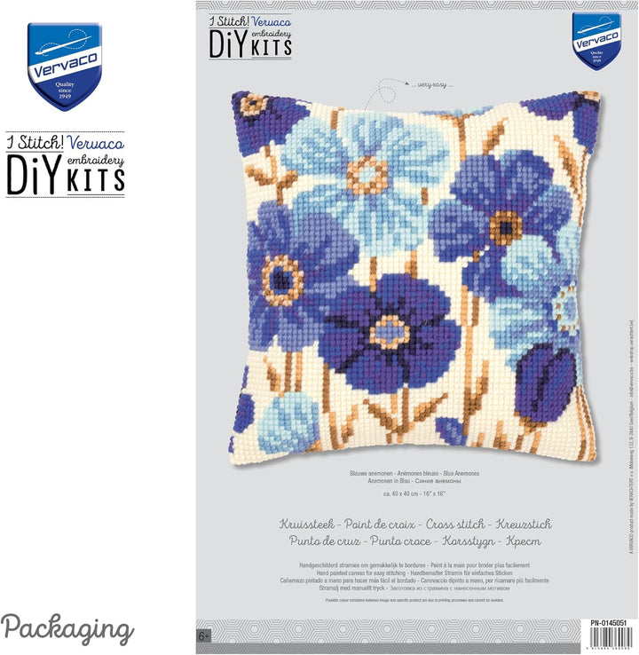 Vervaco VER Kreuzstichkissen Anemonen in Blau, Baumwolle, Mehrfarbig, 40 x 40 x 0.3 cm