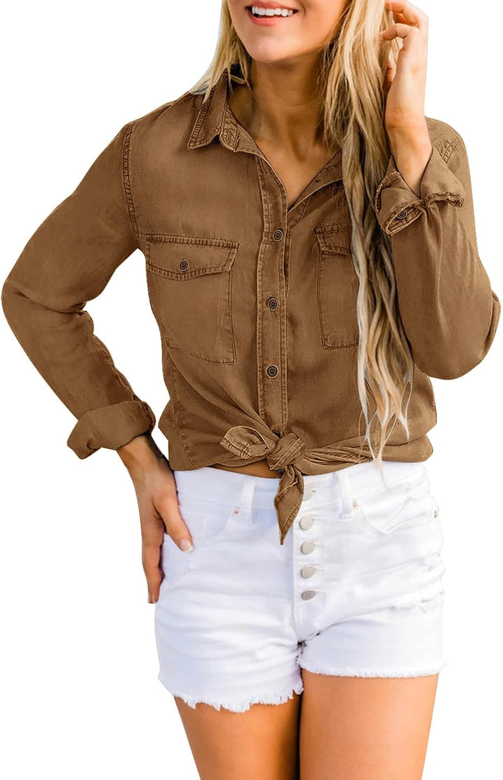Roskiky Damen Jeanshemd - Damen Western Hemden Tunika Langarm Button Down Oberteile XS Mandelbraun,