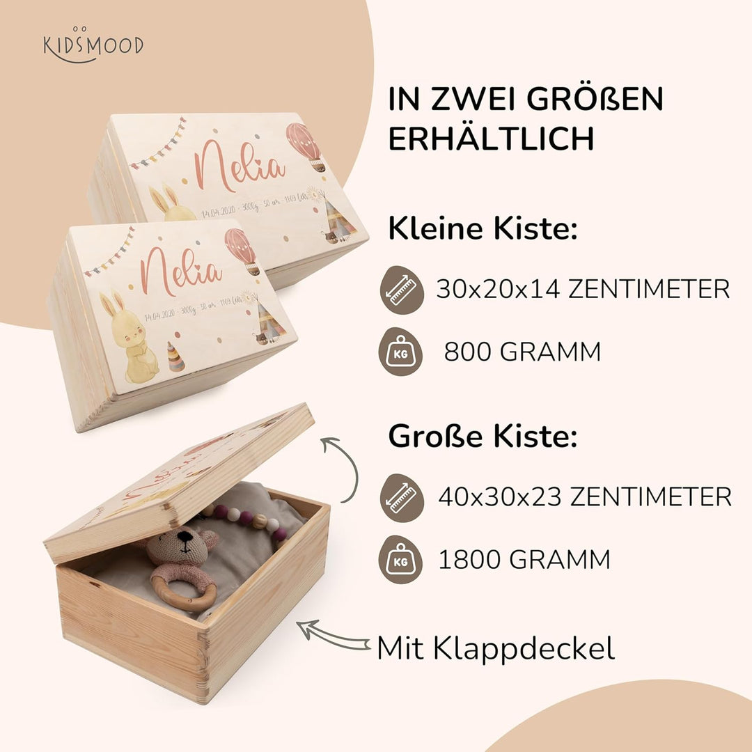 KIDSMOOD - Erinnerungsbox Baby, personalisierte Holzkiste mit Deckel, Ideal zur Aufbewahrung von Eri