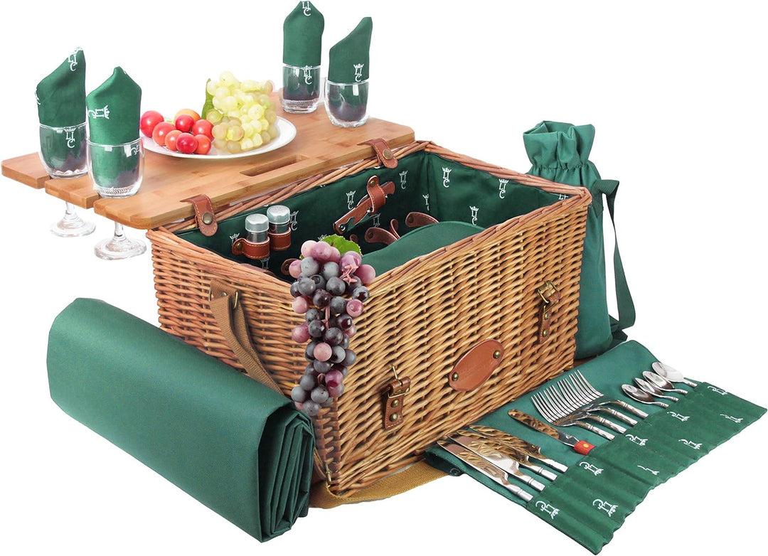Les Jardins de la Comtesse - Picknickkorb Saint Honoré Grün aus Weide - Lederriemen - Komplett Für 4