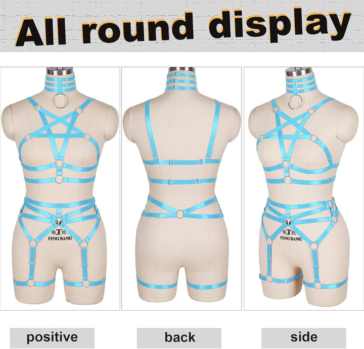 Damen Body Harness Pentagramm BH Set Punk Strumpfband Bein Taille Tanz Elastic Gothic Carnival Zubeh