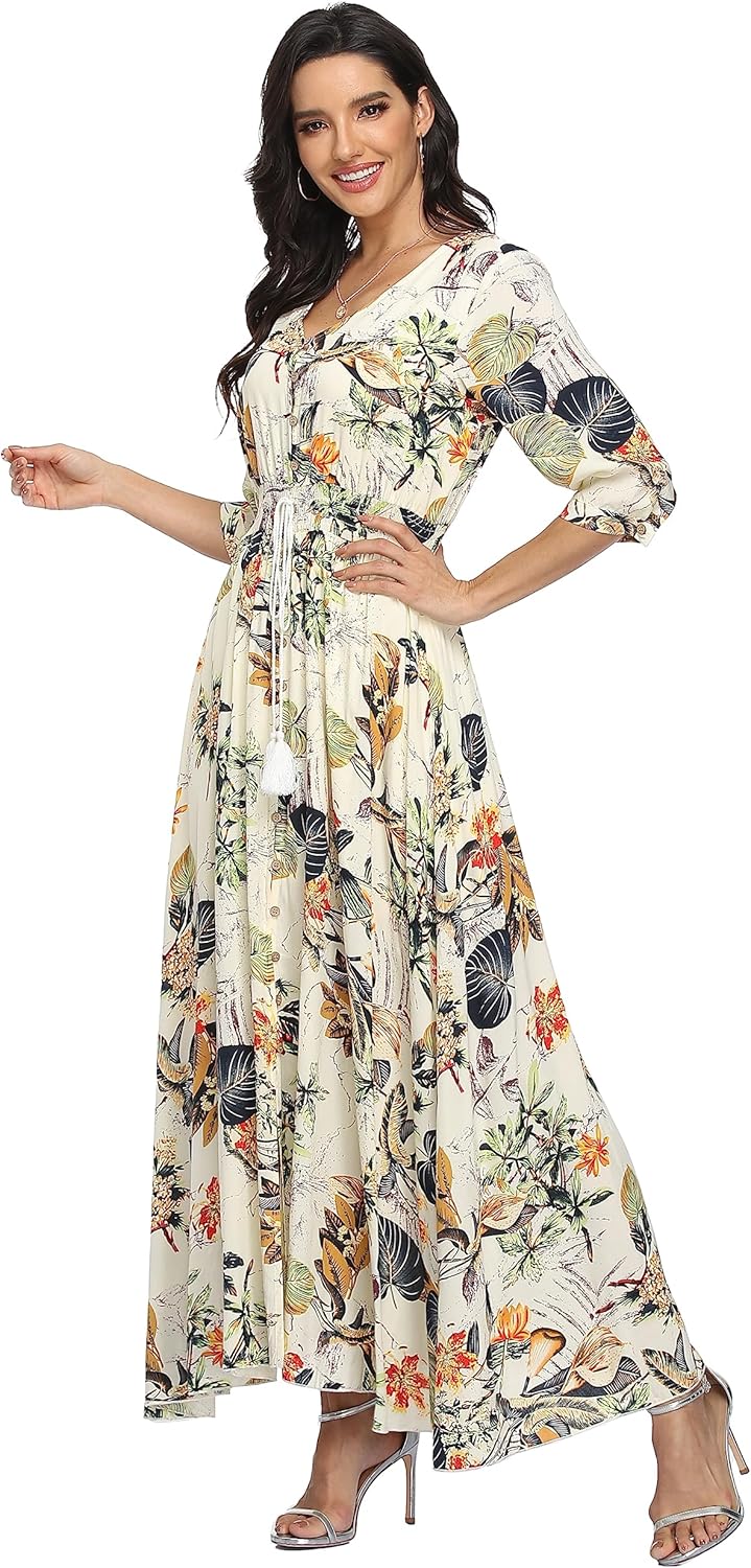 VOGMATE Damen Lange Split Knopf Up Sommer Maxikleid Floral Strandwear Holidy Kleid Hohe Taille mit k