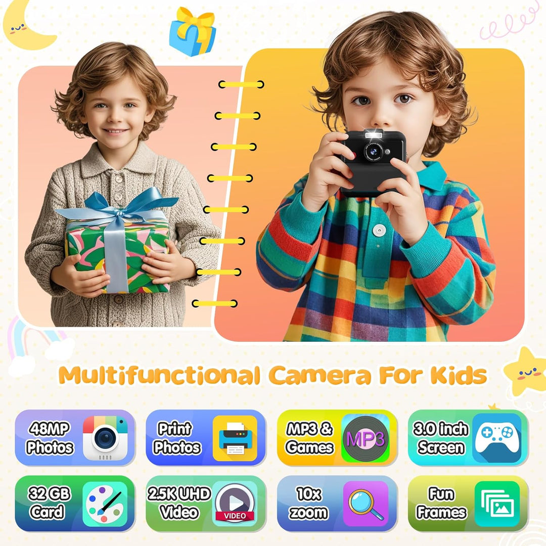 CAMCLID Sofortbildkamera Kinder, 3,0 Zoll Bildschirm, 48MP Kamera 2,5K Schwarz, 2,5K Schwarz