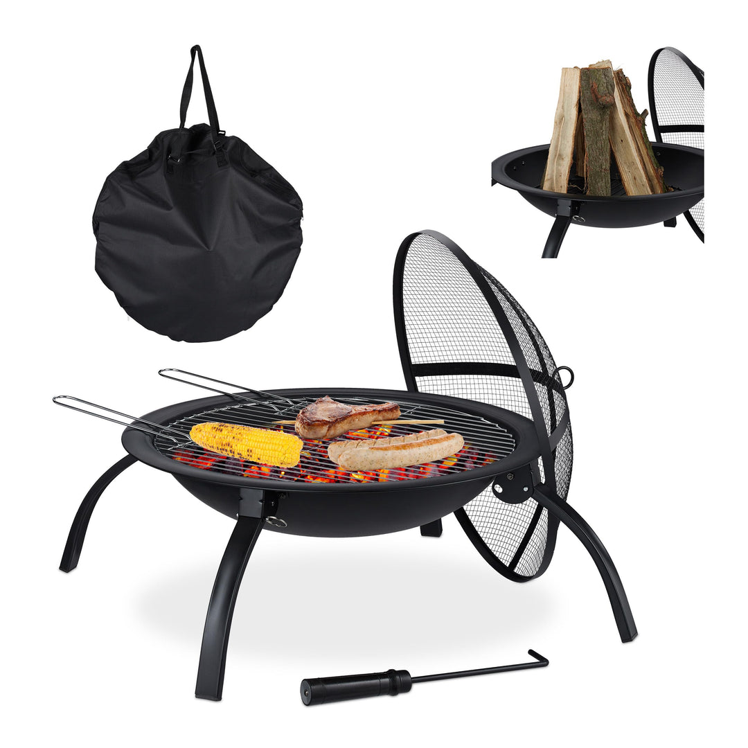 Relaxdays XL Feuerschale, mit Tasche, Grill Rost, Schürhaken, Funkenschutz Deckel, Garten, Terrasse,
