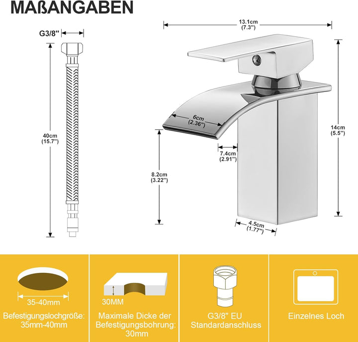 BESy Wasserfall Waschtischarmatur aus Edelstahl, Waschbecken Wasserhahn mit Auslauf Höhe 82mm, Einhe