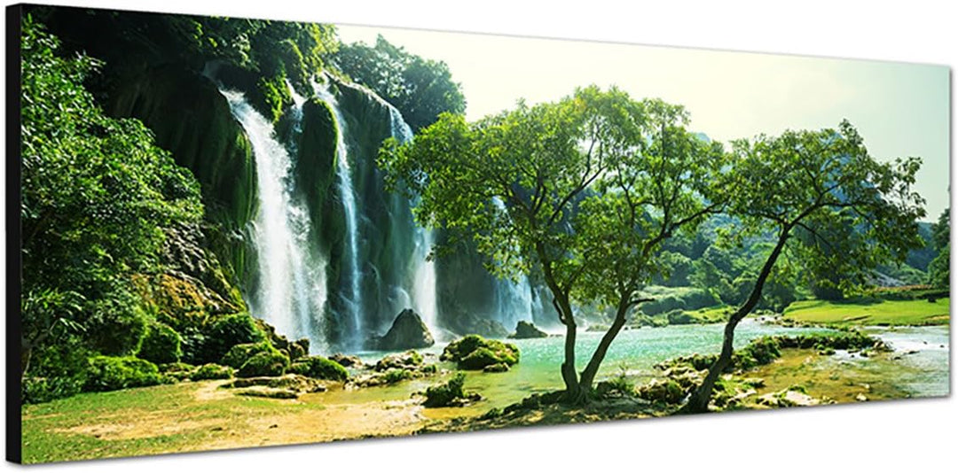 Paul Sinus Art Panoramabild auf Leinwand und Keilrahmen 150x50cm Vietnam Bäume Wald Wasserfall Natur
