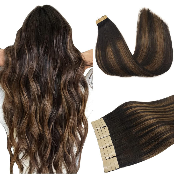 DOORES Haarverlängerungen zum Einkleben, Echthaar, Dunkelbraun bis Kastanienbraun, 30,5 cm, 40 g, 20