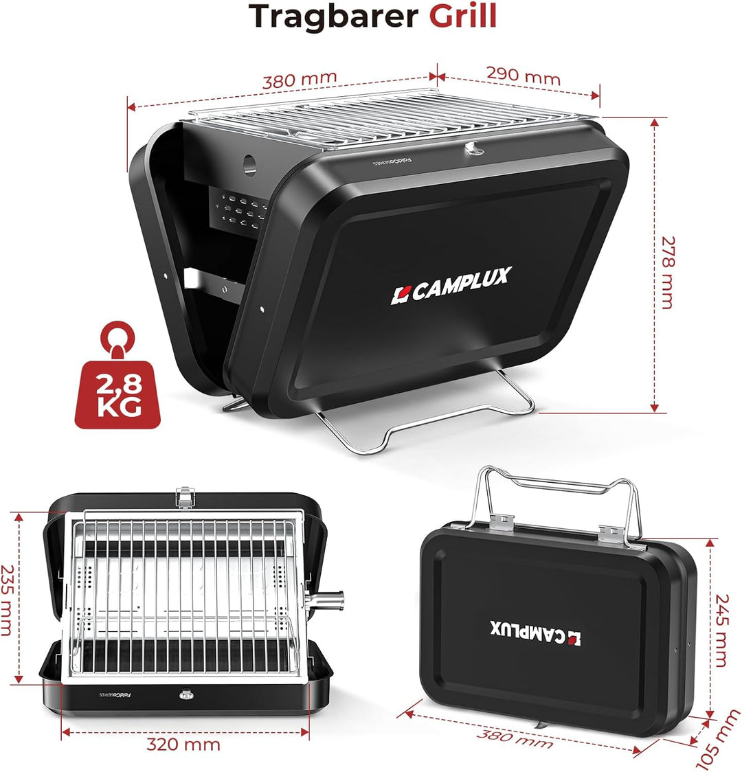 CAMPLUX Tragbarer 2-in-1 Koffergrill, Gas- und Holzkohle-Campingkocher mit 32 x 23,5 cm Rost, klappb