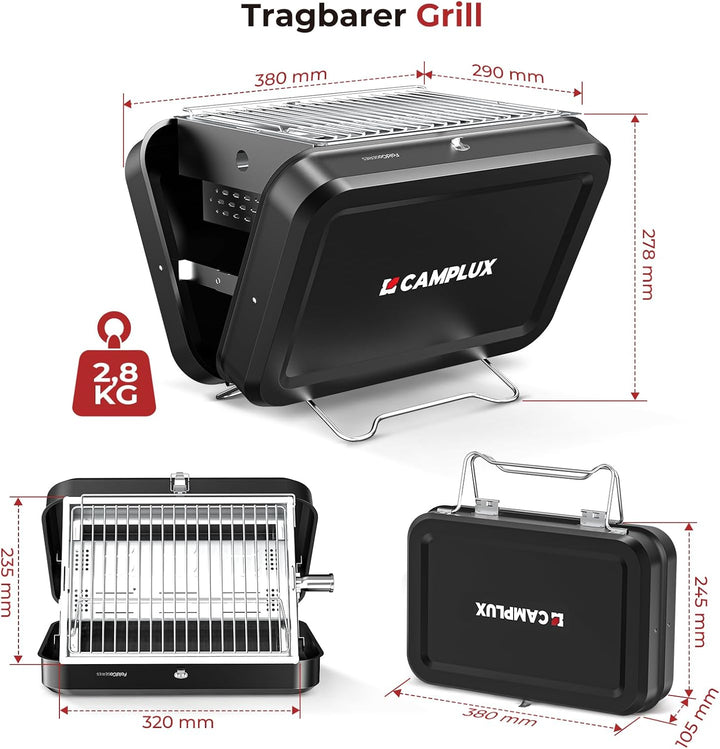 CAMPLUX Tragbarer 2-in-1 Koffergrill, Gas- und Holzkohle-Campingkocher mit 32 x 23,5 cm Rost, klappb