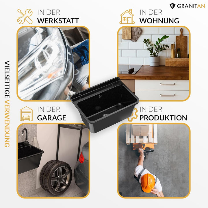 Granitan Ausgussbecken für Garage Keller Werkstatt - Universal Waschtrog mit Siphon - Waschbecken mi