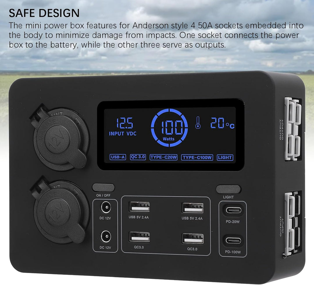 12 V Mini Power Box, 100W LCD -Display USB C QC3.0 Port für 4 Anderson Outlet Multifunktionale Leist