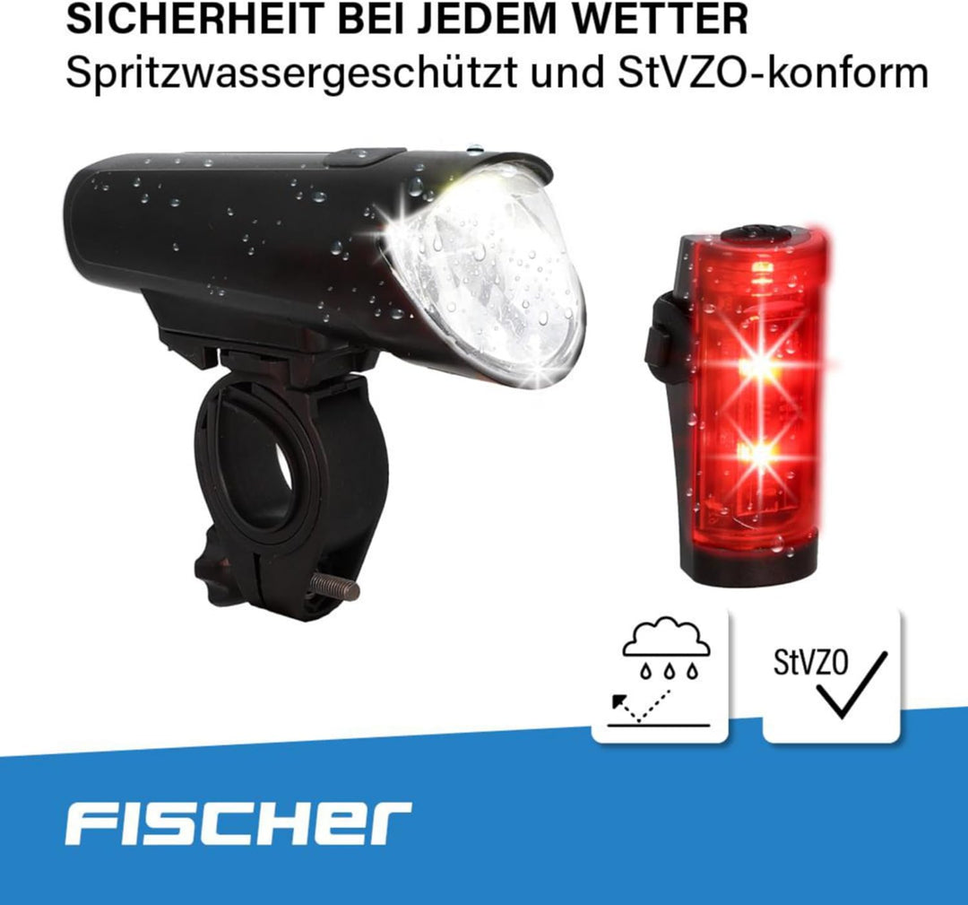 Fischer Fahrrad LED-Akku Beleuchtungs-Set small-Box, spritzwassergeschützt, wiederaufladbar 45 Lux,