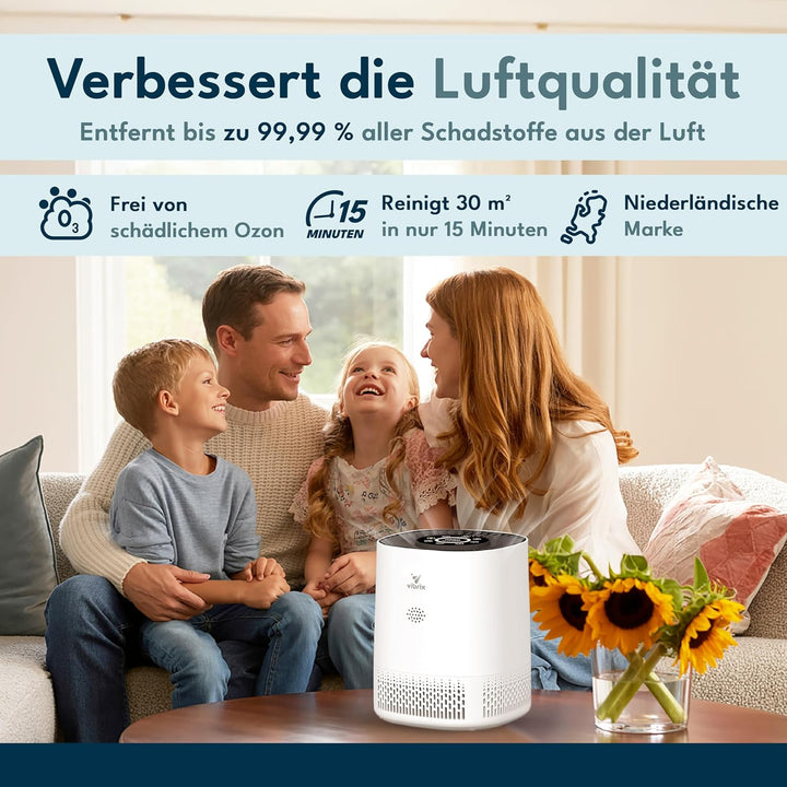 Vibrix PureFlow15 Luftreiniger Allergiker, 6-Stufiges HEPA H13 Aktivkohlefilter System gegen 99,95%