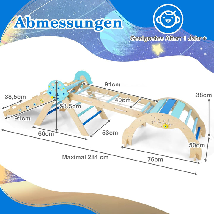 COSTWAY Klettergerüst Indoor 4er Set, klappabres Kletterdreieck mit Rutsche, Kletterbogen, Netz, ink