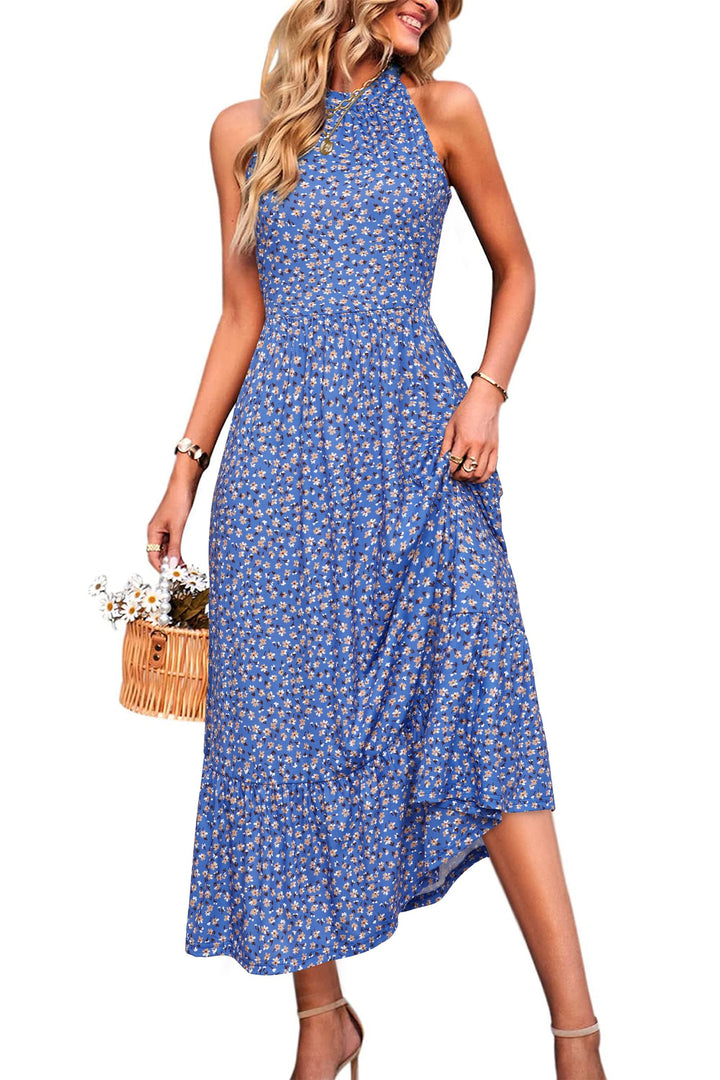 STYLEWORD Damen Neckholder Elegant Sommerkleid Ärmellos Blumenkleid Maxikleid Lange Strandkleid S Bl