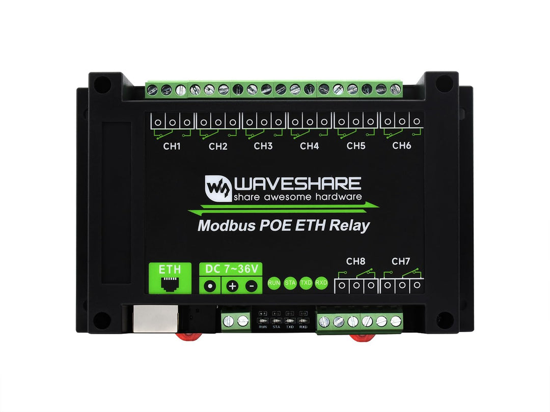 Waveshare 8-Ch Ethernet Relay Module, Modbus RTU/Modbus TCP Protocol, PoE Port Communication, with V