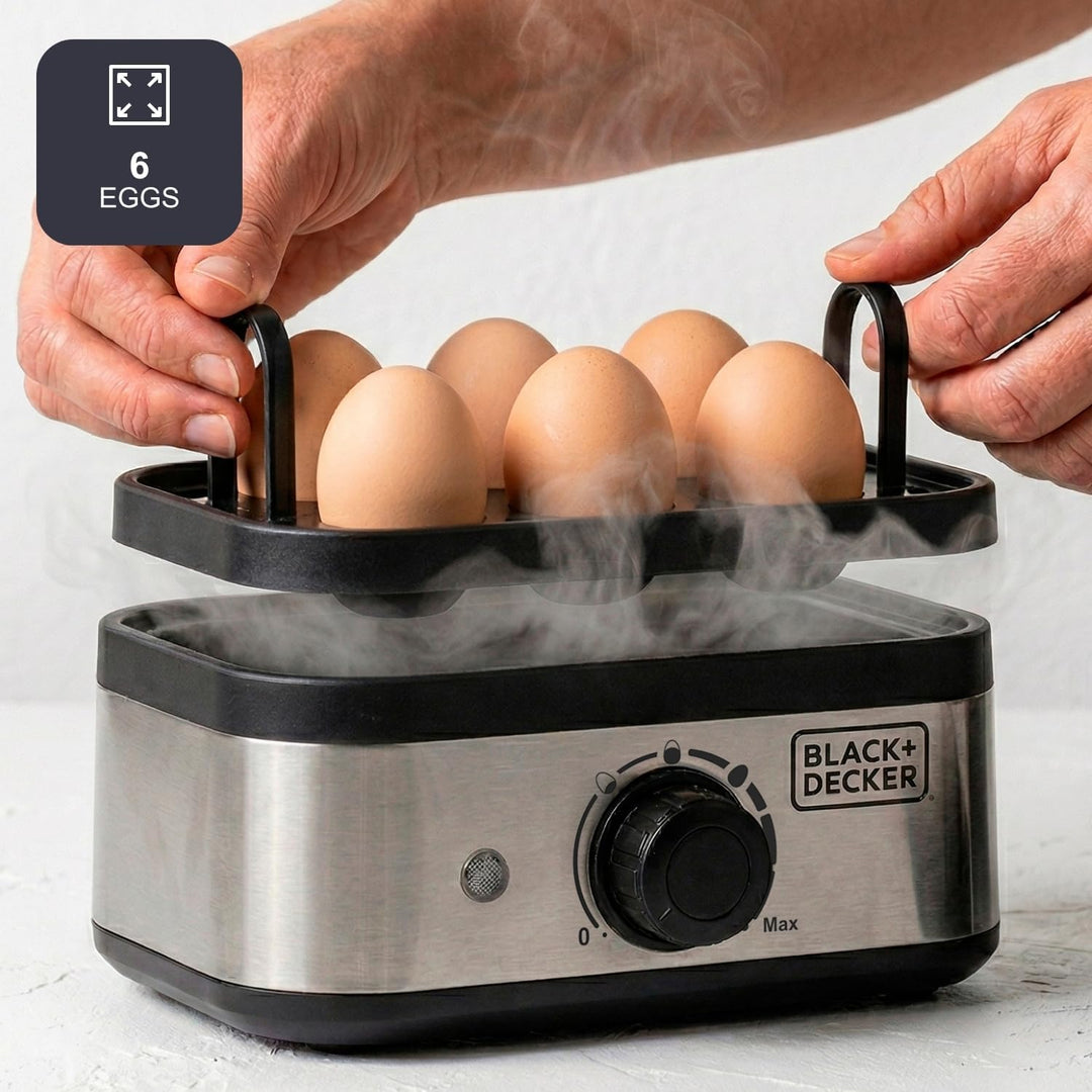 Black+Decker - Eierkocher 400 W | bis zu 6 Eier | 3 Garstufen: weich/medium/hart | Automatische Absc