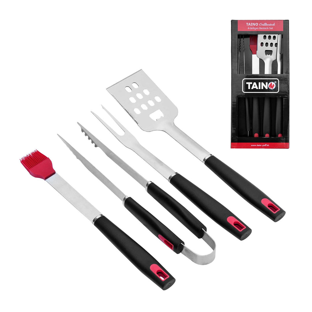 TAINO Grillbesteck-Set 4-teilig Edelstahl Grillzubehör schwarz rot BBQ-Zubehör Accessoire, 4-teilig
