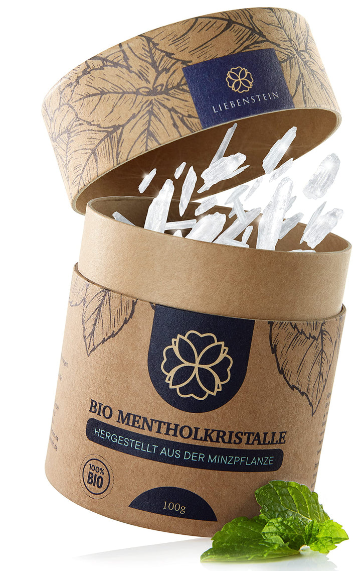 BIO Mentholkristalle Sauna Liebenstein® [100g] – nachhaltige Verpackung und Dosierlöffel aus Holz –