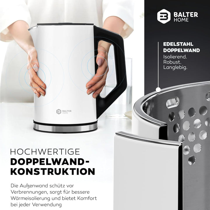 BALTER Edelstahl Wasserkocher mit Temperatureinstellung, 40°C-100°C, Doppelwand, BPA frei, leise & k