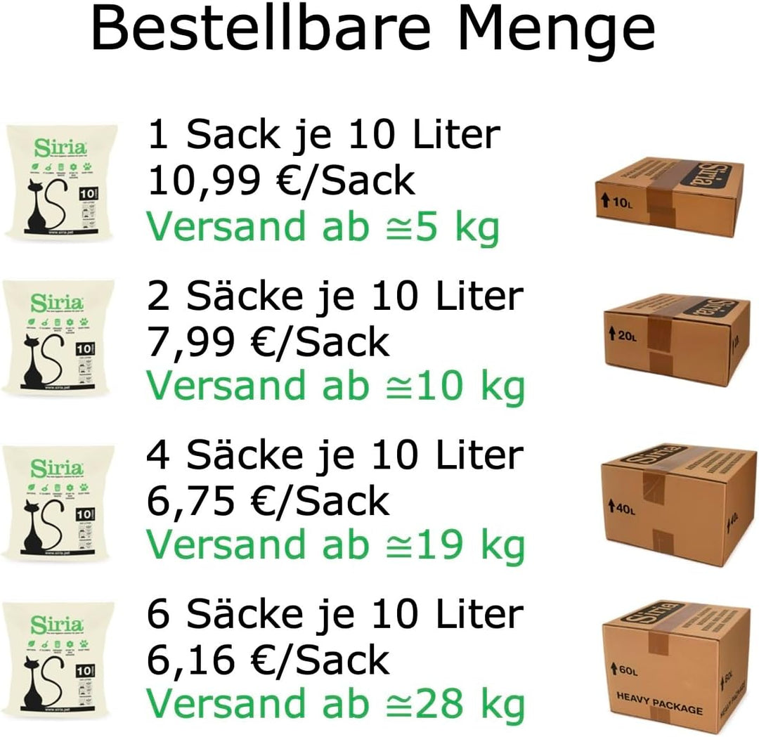 Siria 60L-Katzenstreu Klumpend und Pflanzlich-Set 6 Sack je 10 Liter, 60L