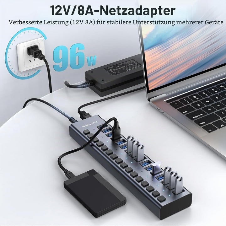 Powered USB 3.2 Hub, ACASIS 16 Ports USB 3.2 Hub mit 10Gbps Datenrate, Aluminiumgehäuse, USB Hub Pow