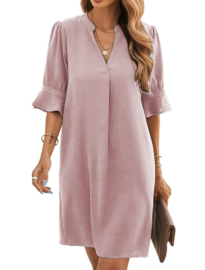 Famulily Frauen V-Ausschnitt Halbarm Hemdkleid Elegant Sommer Casual Einfarbig Kurzes Kleid S-XXL XL