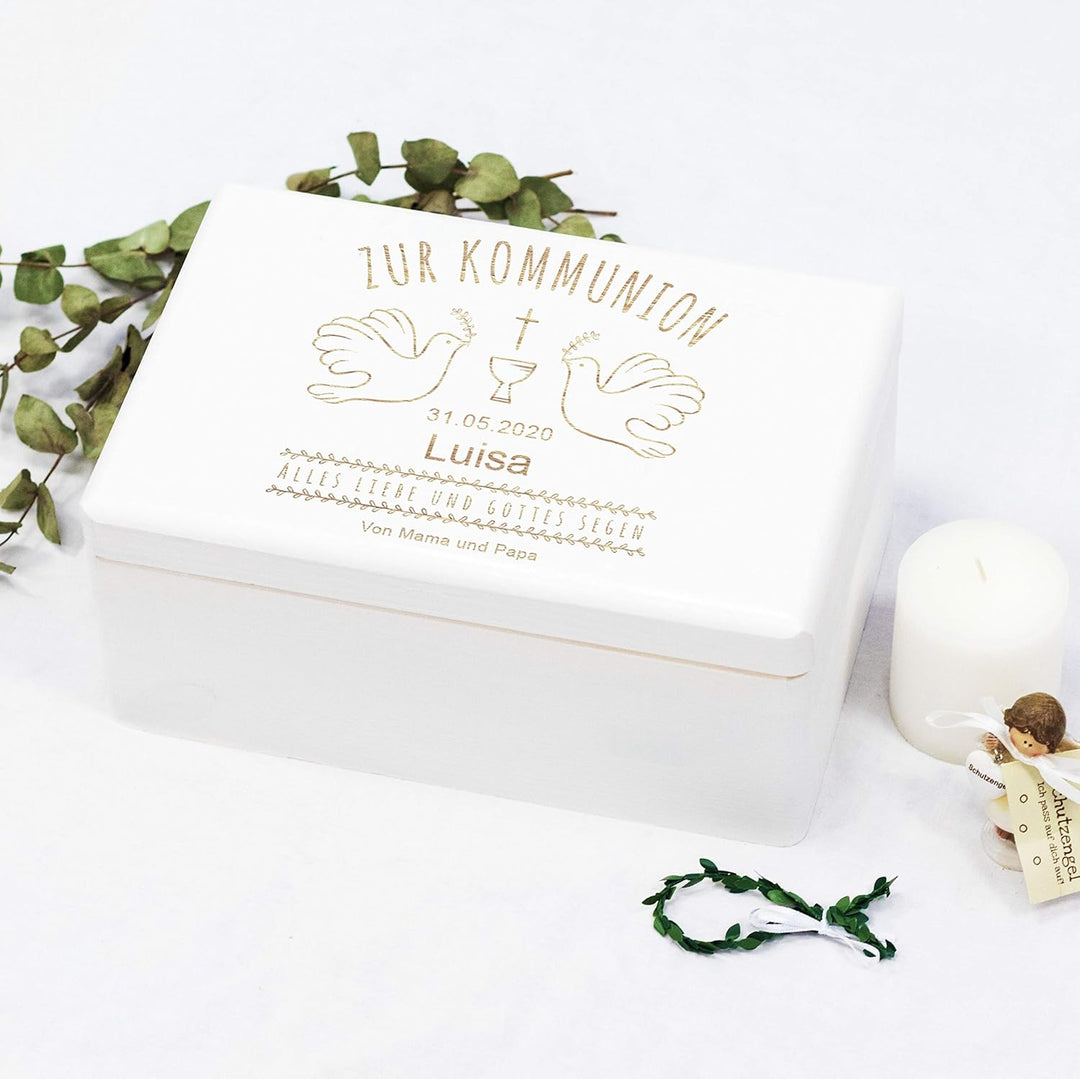 LAUBLUST Holzkiste zur Kommunion - Tauben Motiv | Geschenkkiste Personalisiert mit Gravur, FSC® (Wei