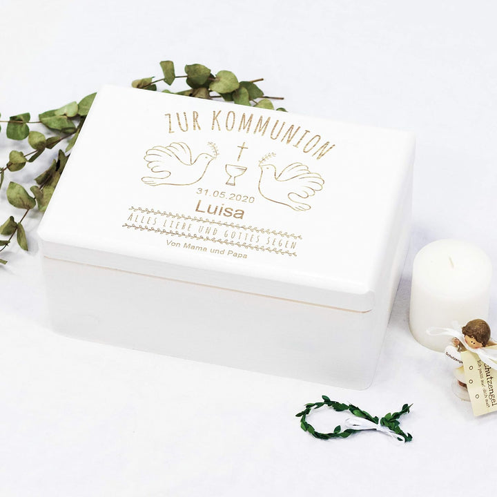 LAUBLUST Holzkiste zur Kommunion - Tauben Motiv | Geschenkkiste Personalisiert mit Gravur, FSC® (Wei