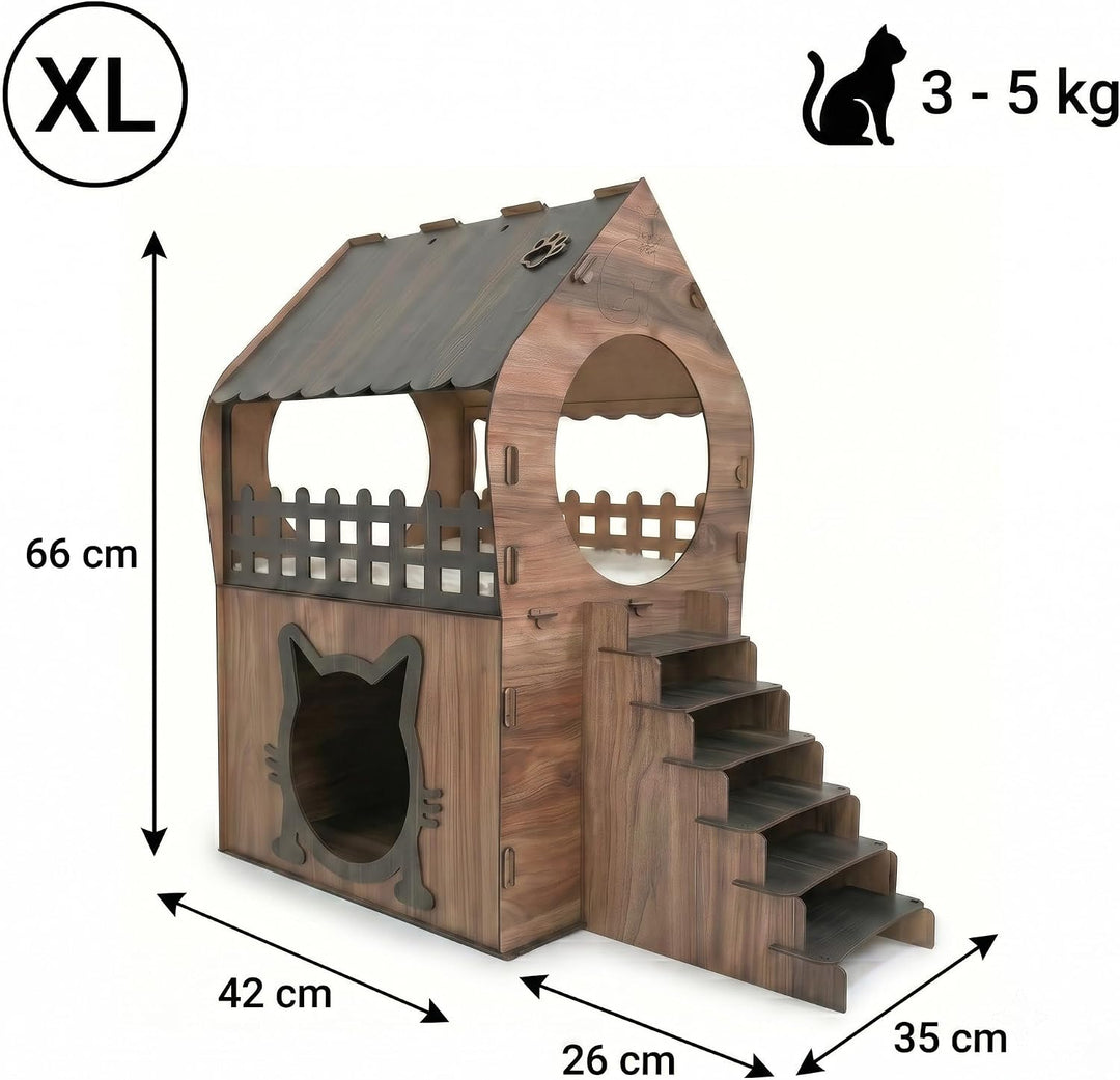 Zweistöckiges MDF Katzenhaus – Braun &amp; Dunkelbraun – Werkzeugloser Aufbau – Grössen XL, XXL, 3XL (Br