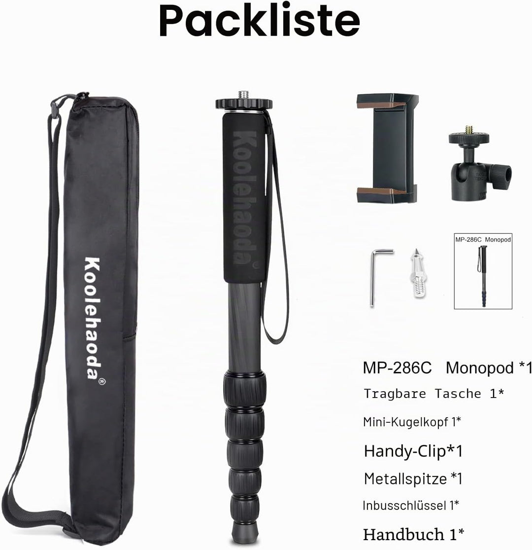 koolehaoda MP286C Einbeinstativ, Kohlefaser, 6-teilig, tragbar, Kompaktkamera-Einbeinstativ, Maximal