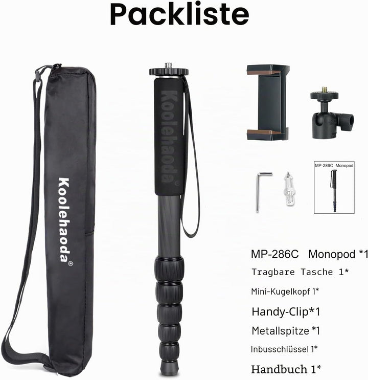 koolehaoda MP286C Einbeinstativ, Kohlefaser, 6-teilig, tragbar, Kompaktkamera-Einbeinstativ, Maximal