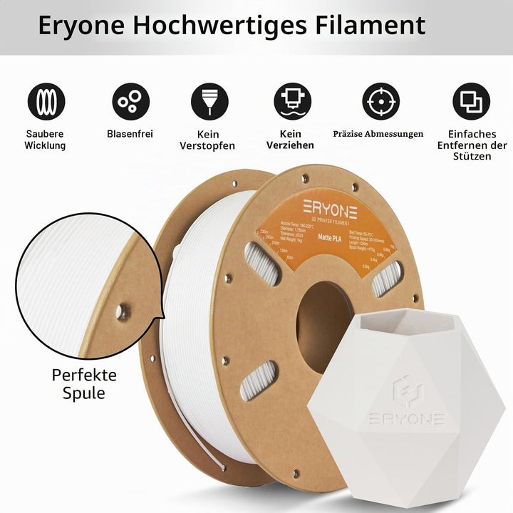 ERYONE Matte PLA 3D Drucker Filament 1.75mm, Massgenauigkeit +/- 0.03 mm, 1 kg 1 Spule, Matte Weiss,