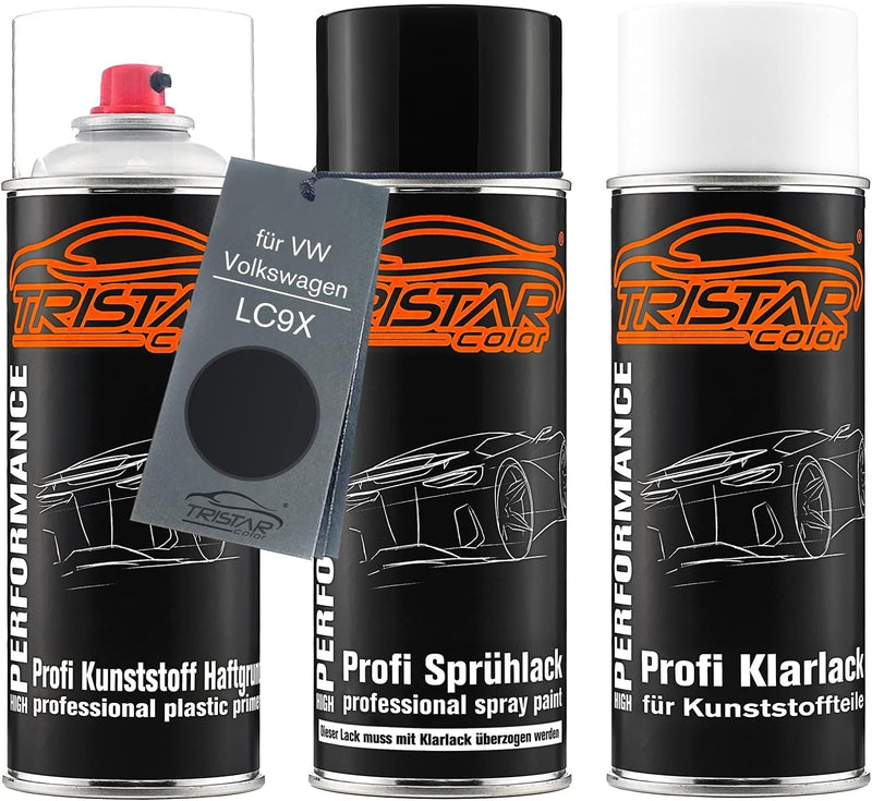 TRISTARcolor Autolack Spraydosen Set für Kunststoff Stossstange für VW/Volkswagen LC9X Deep Black Pe