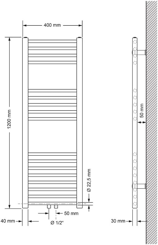 ECD Germany Badheizkörper 400 x 1200 mm - Weiss - gerade mit Mittelanschluss - Design Heizkörper Han
