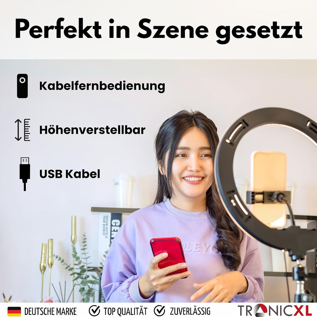 TronicXL 1,05m Premium Kamerastativ für Smartphone iPhone Stativ Tripod mit RGB Ringlicht Ringlampe