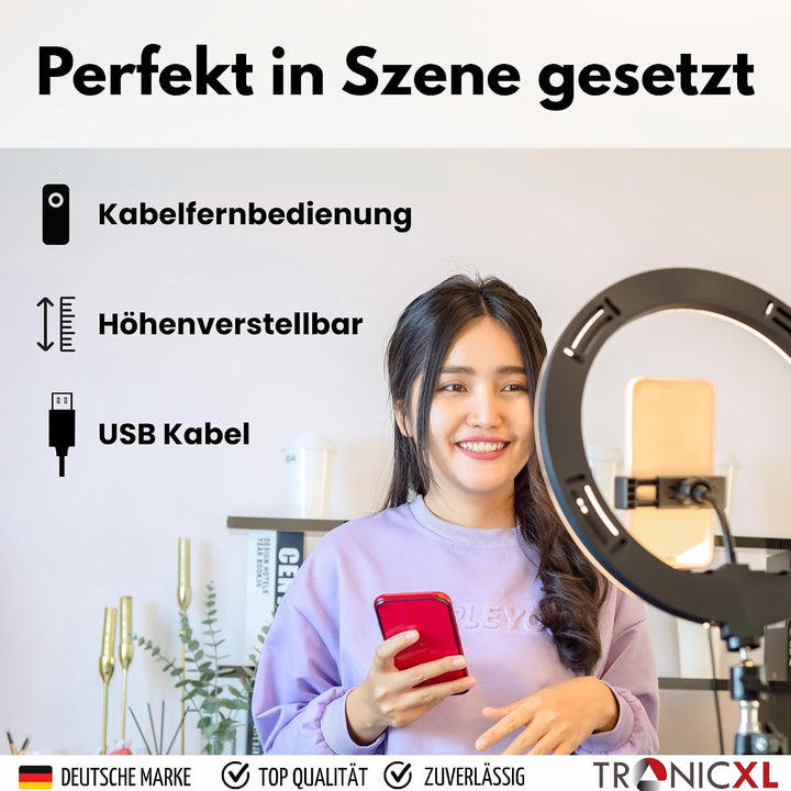 TronicXL 1,05m Premium Kamerastativ für Smartphone iPhone Stativ Tripod mit RGB Ringlicht Ringlampe