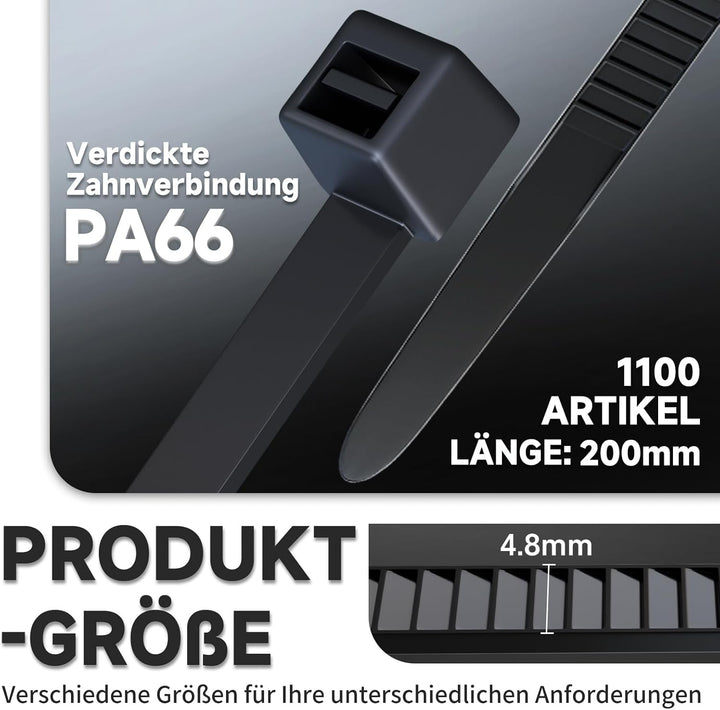 ZENIX Kabelbinder Schwarz 4.8mm x 200mm, 1100 Stück Kabelbinder UV Beständig lang, Schwarze Binder m