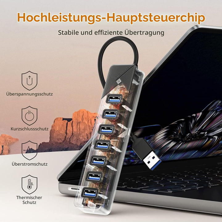 GiGimundo PG7U USB Hub 3.0, 7-Port USB Verteiler, 15CM Kurz Kabel mit 5V/3A Stromeingang, Mehrfach U