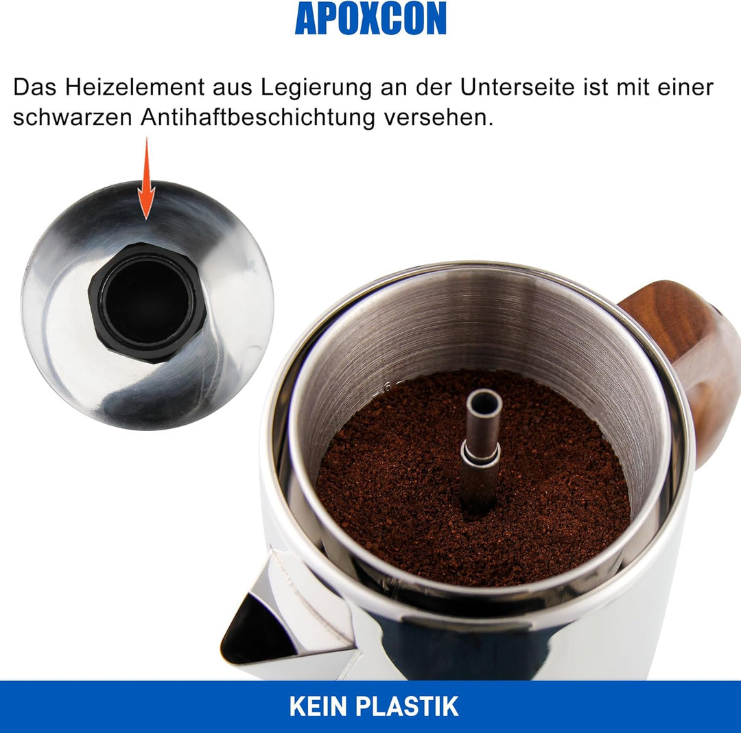 APOXCON Edelstahl18/8 (SS304) -Kaffeekanne (6 Tassen) – mit Sichtglas, Warmhaltefunktion & kordlosem