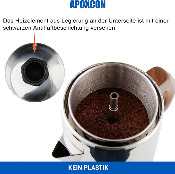 APOXCON Edelstahl18/8 (SS304) -Kaffeekanne (6 Tassen) – mit Sichtglas, Warmhaltefunktion & kordlosem