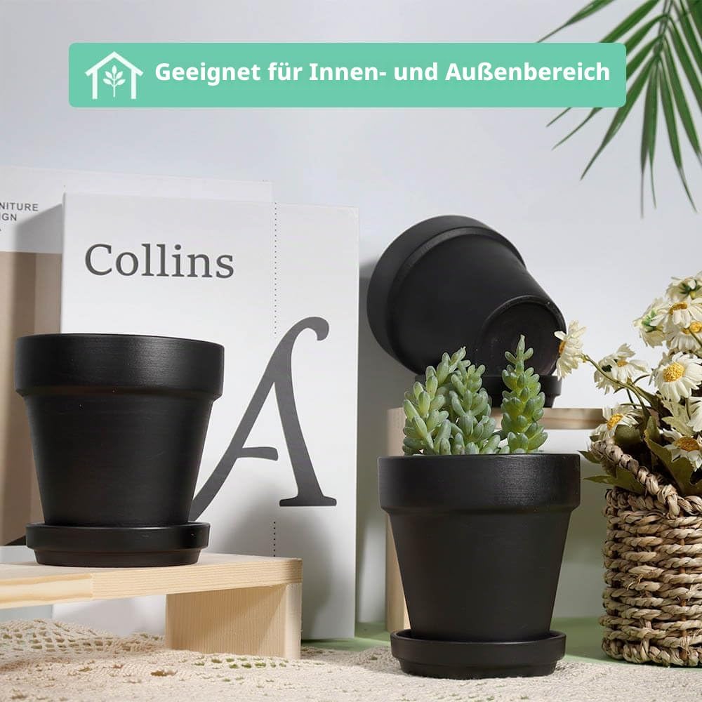 vensovo 10,2cm Schwarzer Tontopf für Pflanzen mit Untertasse - 6er Pack Kleiner Terrakotta-Pflanzent