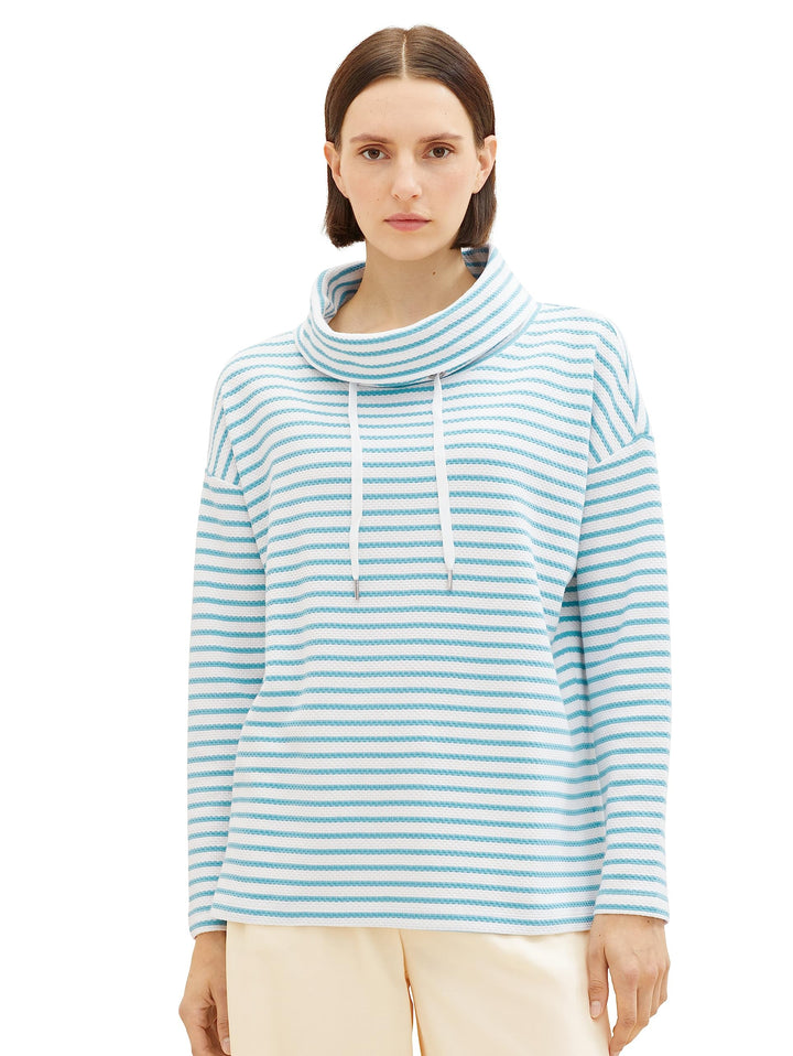 TOM TAILOR Damen Sweatshirt mit Schalkragen XL 34069 - Offwhite Teal Stripe, XL 34069 - Offwhite Tea
