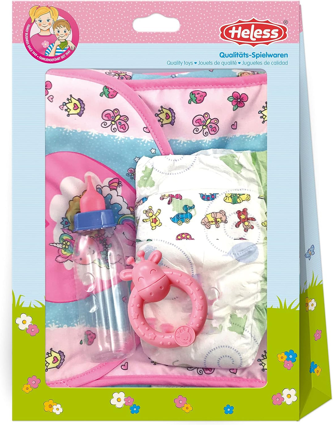 Heless 978 - Zubehör für Puppen, Wickeltasche im Design Einhorn Emil und Fee Emma mit viel Zubehör
