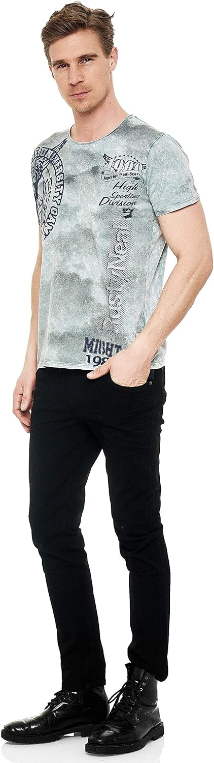 T-Shirt Herren Kurzarm Rundhals Tshirt Printed Shirt Regular Fit Verwaschen Plakativer Druck 232, Fa