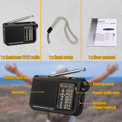 Retekess V117 Kleines Radio Batteriebetrieben,FM AM SW Tragbares Radio,Weltempfänger Radio Akku,Kopf