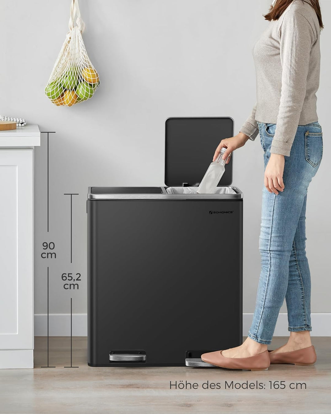 SONGMICS Mülleimer für die Küche, 2 x 30 L, Abfalleimer mit 2 Fächern, Mülltrennung, schwarz